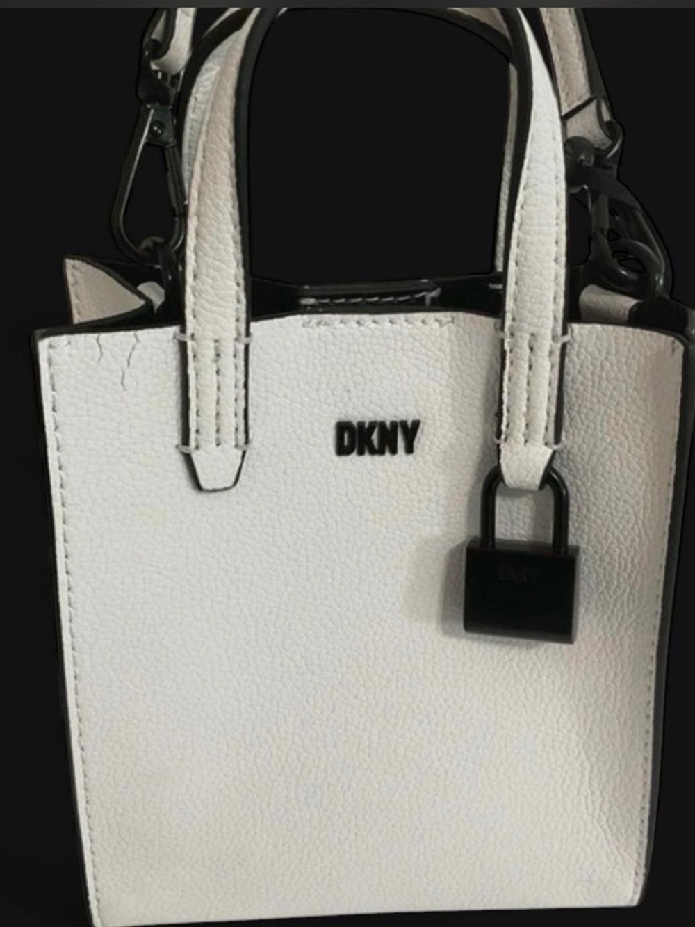 DKNY White Pebbled Leather Mini Tote with Padlock Accent